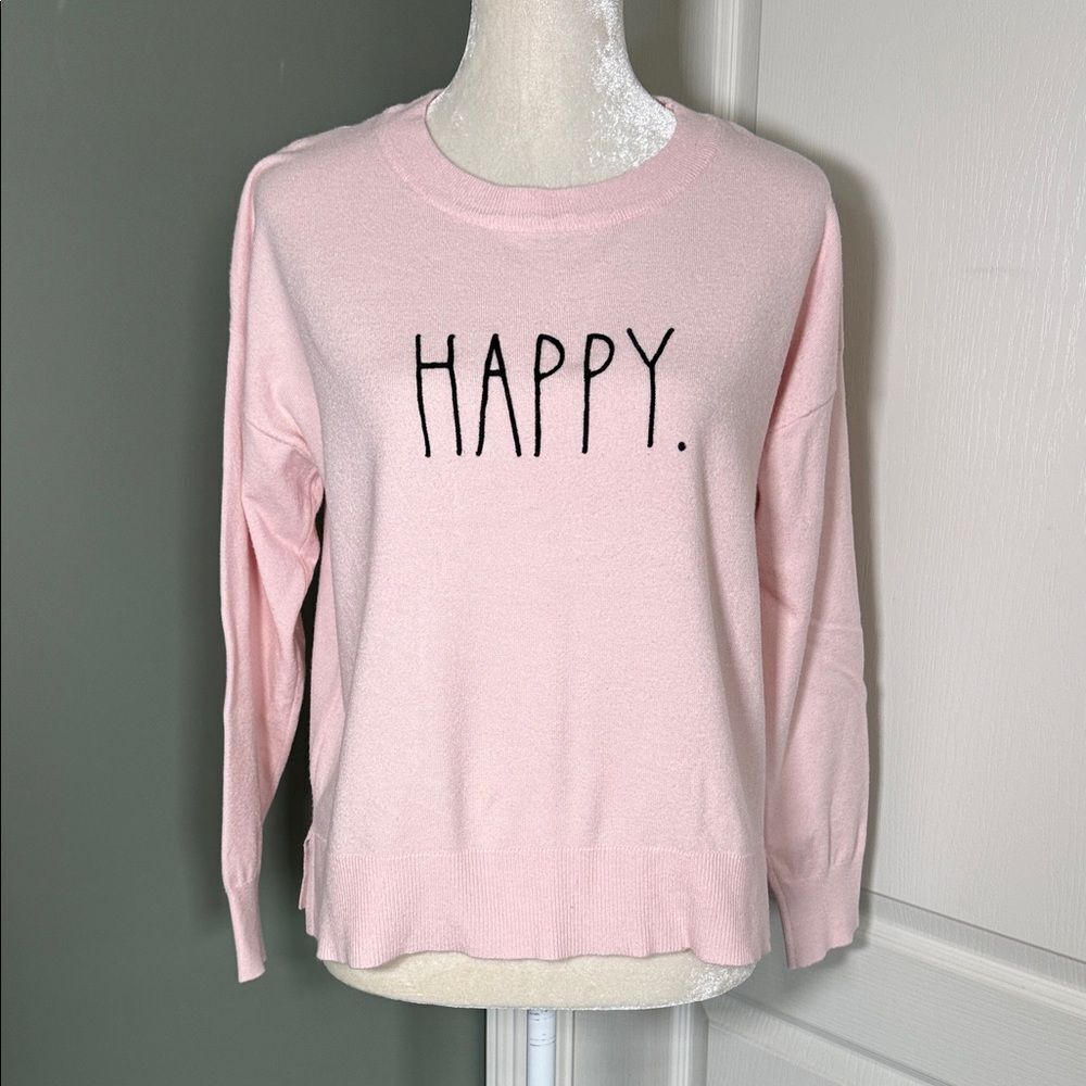 Rae Dunn Pink Knit Sweater Pullover HAPPY Graphic Crewneck Long Sleeve Size L